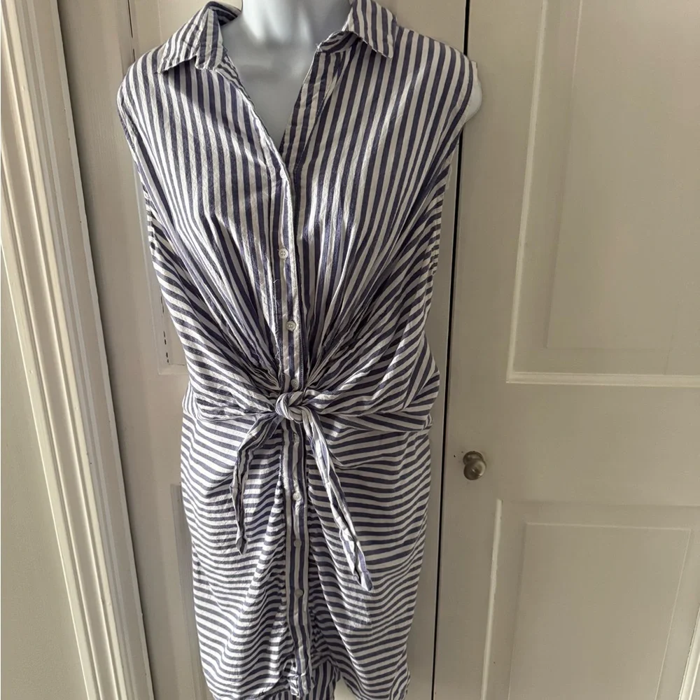 Lush Navy and White Striped Tie-Front Midi Dress - Picture 2 of 5